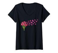 Women's Lily Butterfly Flower Gardening Floral V-Neck T-Shirt