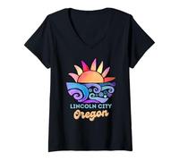 Womens Lincoln City Oregon Sunset Vacation Beach Travel Road Trip V-Neck T-Shirt