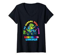 Womens Lincoln Schoolchild Personalized Back to School Dino Truck V-Neck T-Shirt