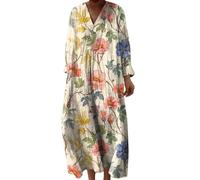 Women's Line Dress Womens Stripe V Neck Casual Loose Fit Maxi Dresses Vintage Printed Tunic Dress Lightweight Breathe Long Sleeve Dresses Summer Sundress for Spring Summer Travelling