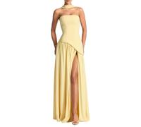 Women's Line Strapless Long Dresses Satin Ruched Formal Prom Wedding Maxi Dress with Scarf Yellow