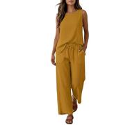 Women's Linen 2 Piece Outfit Sleeveless Vest Tops and Drawstring Waist Straight Leg Beach Trousers Summer Co Ord Sets for Women Going Out Holiday Travel Outfits