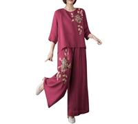 Women's Linen 2 Piece Outfits Oversize 3/4 Sleeve Crew Neck Floral Print Lightweight Casual Tshirts Embroidered Wide Leg Pants Summer Beach Travel Slimming Lounge Sets Plus Size