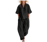 Women's Linen 2 Piece Sets Summer Business Short Sleeve Shirt and Wide Leg Pants Suits Matching Sets Wrap Front Linen Blend Two piece Set Asymmetrical Button co ord Set Oversized Kimono Sleeve Outfit