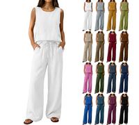 Women's Linen 2 Piece White Outfits Sleeveless Vest Tops and Drawstring Waist Straight Leg Beach Trousers Summer Co Ord Sets for Women Going Out Holiday Travel Outfits