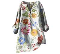 Women's Linen 2024 Tops Graphic 3/4 Sleeve Cotton Loose Fitting Shirts V-Neck Oversized Party Tshirt Gauze Plus Size Long Sleeve Summer Ladies Comfy Fall Womens Crinkle Gauze Spring Light Yellow