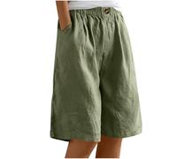 Women's Linen Bermuda Shorts Long Wide Leg Casual Short Trousers Elasticated High Waist Summer Solid Shorts Knee Length Comfy Cotton Linen Pants Ladies Culottes with Pockets