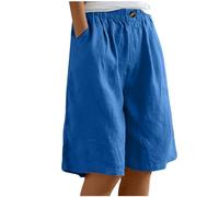 Women's Linen Bermuda Shorts Long Wide Leg Casual Short Trousers Elasticated High Waist Summer Solid Shorts Knee Length Comfy Cotton Linen Pants Ladies Culottes with Pockets