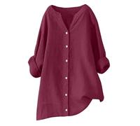 Women's Linen Blend Blouse Oversized V-Neck Button Front Shirt Long Sleeve Tunic Top Loose Fit Cotton Linen Shirts Roll Up Sleeves Solid Color Pullover Tops Length Ladies Clothes Beach UK