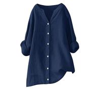 Women's Linen Blend Blouse Oversized V-Neck Button Front Shirt Long Sleeve Tunic Top Loose Fit Cotton Linen Shirts Roll Up Sleeves Solid Color Pullover Tops Length Ladies Clothes Beach UK