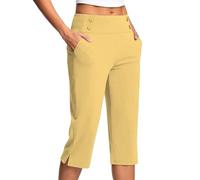 Womens Linen Blend Trousers Ladies Soft 3/4 Length Cropped Pants High Waist Stretch Pull on Bottoms Summer Golf Chino Joggers with Pockets Elegant Office Business