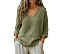 Women's Linen Blouse Casual Loose Linen Tops Long Sleeve V-Neck Solid Color Basic Shirt Summer Autumn Ladies Shirts and Blouses for Everyday Office Going Out Leisure
