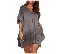 Women's Linen Blouse Oversize Long Blouse Short Sleeve Loose Linen Blouse V-Neck Button Plain Blouses Shirt Summer Shirts Women's Blouses Summer Long Shirt Tops Tunic Long Tops, coffee, Large