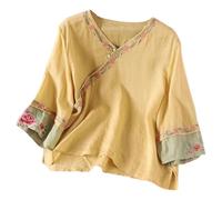 Women's Linen Bohemian Style Gauze Shirt Tops Boho Peasant Vintage Floral Embroidered Blouses Spring Indian Ruffle Tunic for Older Women Sheer Short Sleeve Loose Lace Cute Womens Yellow