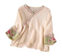 Women's Linen Bohemian Style Gauze Shirt Tops Boho Peasant Vintage Floral Embroidered Blouses Spring Indian Ruffle Tunic for Older Women Sheer Short Sleeve Loose Lace Cute Womens Beige