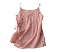 Womens Linen Cami Top Wrap Neck Lace Trim Side Tie Blouse Summer Sleeveless Spaghetti Strap Shirts Breathable V Neck Elegant Cotton Blend Tank Tops Casual Vacation Solid Color Blouses Pink