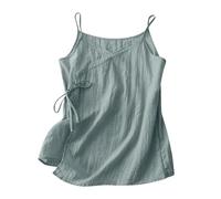 Womens Linen Cami Top Wrap Neck Lace Trim Side Tie Blouse Summer Sleeveless Spaghetti Strap Shirts Breathable V Neck Elegant Cotton Blend Tank Tops Casual Vacation Solid Color Blouses Blue