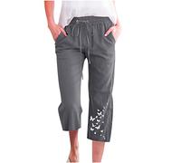 Women's Linen Capri Trousers UK Sale Clearance, 3/4 Cropped Pants Drawstring Lounge Pant Butterflies Printed Trouser Pedal Pushers Elasticated Waist Sweatpants Casual Cotton Linen Trousers