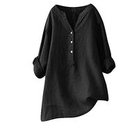 Womens Linen Cotton Tops UK 2025 Long Sleeve Plus Size Shirts Summer Loose Fit Linen Button Down Blouses Ladies Casual V Neck Roll Up Sleeve Tee Comfy Solid Tops T-Shirts Black