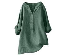Womens Linen Cotton Tops UK 2025 Long Sleeve Plus Size Shirts Summer Loose Fit Linen Button Down Blouses Ladies Casual V Neck Roll Up Sleeve Tee Comfy Solid Tops T-Shirts
