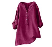 Womens Linen Cotton Tops UK 2025 Long Sleeve Plus Size Shirts Summer Loose Fit Linen Button Down Blouses Ladies Casual V Neck Roll Up Sleeve Tee Comfy Solid Tops T-Shirts