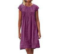 Women's Linen Dresses Casual Loose O Neck Pleated Short Dress Summer Short Sleeve Dress Solid T Shirt Dress Sundress Boho Dress Baggy Summer Beach Dress Mini Tunic Dress UK Size 8-22 Purple