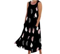 Women's Linen Dresses Casual Loose O Neck Summer Dress Sleeveless Tank Dress Solid Print T Shirt Dress Sundress Boho Dress Flowy Baggy Summer Beach Dress Long Tunic Dress with Pockets UK Size 8-22