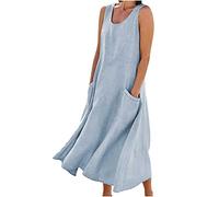 Women's Linen Dresses Casual Loose O Neck Summer Dress Sleeveless Tank Dress Solid Print T Shirt Dress Sundress Boho Dress Flowy Baggy Summer Beach Dress Long Tunic Dress with Pockets UK Size 8-22