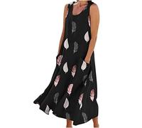 Women's Linen Dresses Casual Loose O Neck Summer Dress Sleeveless Tank Dress Solid Print T Shirt Dress Sundress Boho Dress Flowy Baggy Summer Beach Dress Long Tunic Dress with Pockets UK Size 8-22