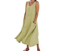 Women's Linen Dresses Casual Loose O Neck Summer Dress Sleeveless Tank Dress Solid Print T Shirt Dress Sundress Boho Dress Flowy Baggy Summer Beach Dress Long Tunic Dress with Pockets UK Size 8-22