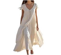 Womens Linen Dresses Clearance,Ladies V-Neck 3/4 Sleeve Solid Color Lace-up Long Dress Summer Casual Loose Pleated Cotton Linen Dress Hem Large Swing Dresses Beach Traveling Sundress UK Size 8-16