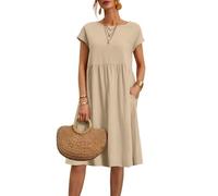 Women's Linen Dresses Linen Dresses for Women UK 2025 Summer Casual Comfy Cotton Short Sleeve Midi Dress Solid Color A Line Tunic Beach Sundress (Khaki #1, XXXL)
