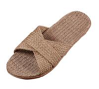 Women'S Linen House Slippers For Summer Uk7 - Bohemian-Style Flat Cross-Strap Sandals Soft Sole Shock Absorption Slip-On Slides Aqua Beach Shower Sliders Lightweight Comfortable Basic Shoes