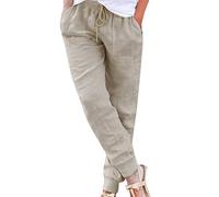Womens Linen Joggers with Pockets, Lightweight Cotton Trousers Loose Fit, High Elastic Waist Drawstring Cuffed Hem Pants, Breathable Fabric with Natural Draping, Soft Skin-Friendly Feel Beige