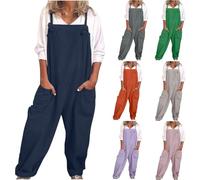 Womens Linen Jumpsuits Clearance,Ladies Summer Casual Sleeveless Adjustable Strap Dungarees Loose Fit Solid Color Straight Leg Playsuits with Pockets One Piece Romper Workwear UK Size S-5XL