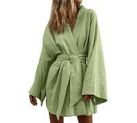 Womens Linen Kimono Cardigan Short Robes Summer Lightweight Open Front Cover Ups Tops Sleepwear Casual Bathrobe Loungewear