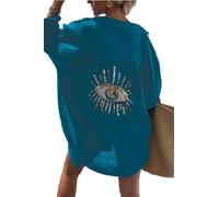 Womens Linen Long Sleeve Casual Shirt Lapel Collar Blouse Oversized Tees Spring Summer Clothes for Work Casual Streetwear Blue