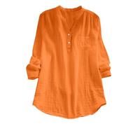 Women's Linen Long Sleeve Top Loose Fit V Neck Button Up Lightweight Solid Color Casual Blouses Summer Beach Travel Lounge Shirts with Front Pocket Plus Size Orange