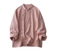 Women's Linen Long-Sleeved Shirt, Retro Style Frog Button Closure Blouse A14-XL Pink