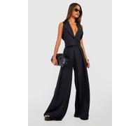 Womens Linen Look Pleat Front Wide Leg Tailored Trousers Black 8