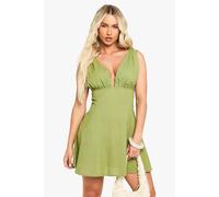 Womens Linen Look V Neck Swing Mini Dress - Green - 12, Green