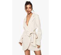 Womens Linen Look Wrap Drape Front Tailored Blazer Dress Natural 14