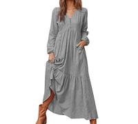 Womens Linen Maxi Dress Summer Dress Long Sleeve with Pockets Casual V Neck Tiered Ruffle Boho Beach Pleated Long Casual Beachwear for Women Beach Wear Grey M