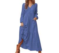 Womens Linen Maxi Dress Summer Dress Long Sleeve with Pockets Casual V Neck Tiered Ruffle Boho Beach Pleated Long Casual Beachwear for Women Beach Wear Dark Blue M