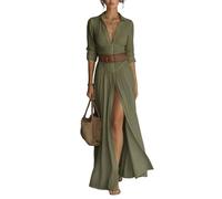 Women's Linen Maxi Shirt Dress Long Sleeve Button Down Dresses with Belt | Plus Size Dresses for Curvy Women Slim Fit Wrap Style Linen-Blend Long Dress for Office Work Autumn Daily