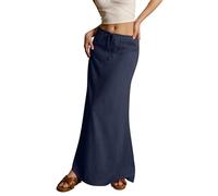 Womens Linen Maxi Skirt Drawstring Low Rise Long Skirts, Cotton Linen Skirts for Women Summer Comfy A Line Long Flowy Skirt (Navy Blue,XXL)