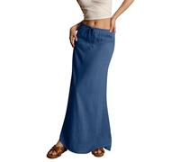 Womens Linen Maxi Skirt Drawstring Low Rise Long Skirts, Cotton Linen Skirts for Women Summer Comfy A Line Long Flowy Skirt (Dark Blue,XXL)