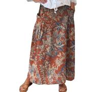 Women's Linen Maxi Skirts for UK Maxi Skirts for UK Boho Irregular Floral Skirt Summerskirts Skirt with Elastic Waist Bohoskirt with Pockets Plus Size Boho Clothing (1-Red, M)