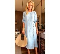 Women's Linen Midi Dress, Light Blue, Roll-Up Sleeves, Side Button Detail, Round Neck, Casual A-Line Style
