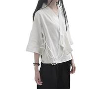 Women's Linen Retro Chinese Top,V-Neck, 3/4 Sleeve,White Linen Blouse with Side Ties, White, One Size